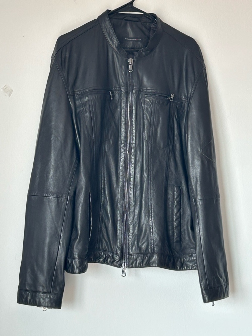 John Varvatos Black Leather Zip Bomber Jacket